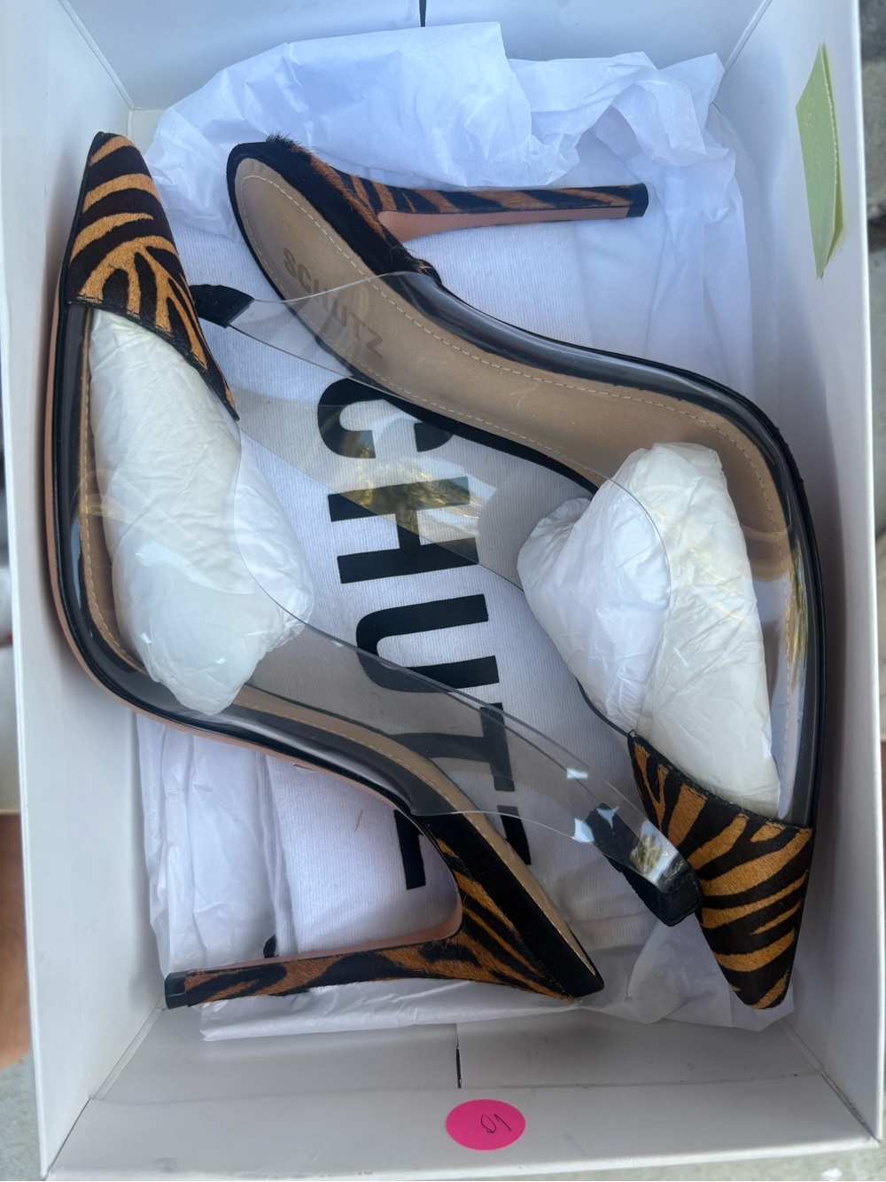 SCHUTZ Zebra-Print Black and Brown Pointed Toe Clear Panel Stiletto Heels